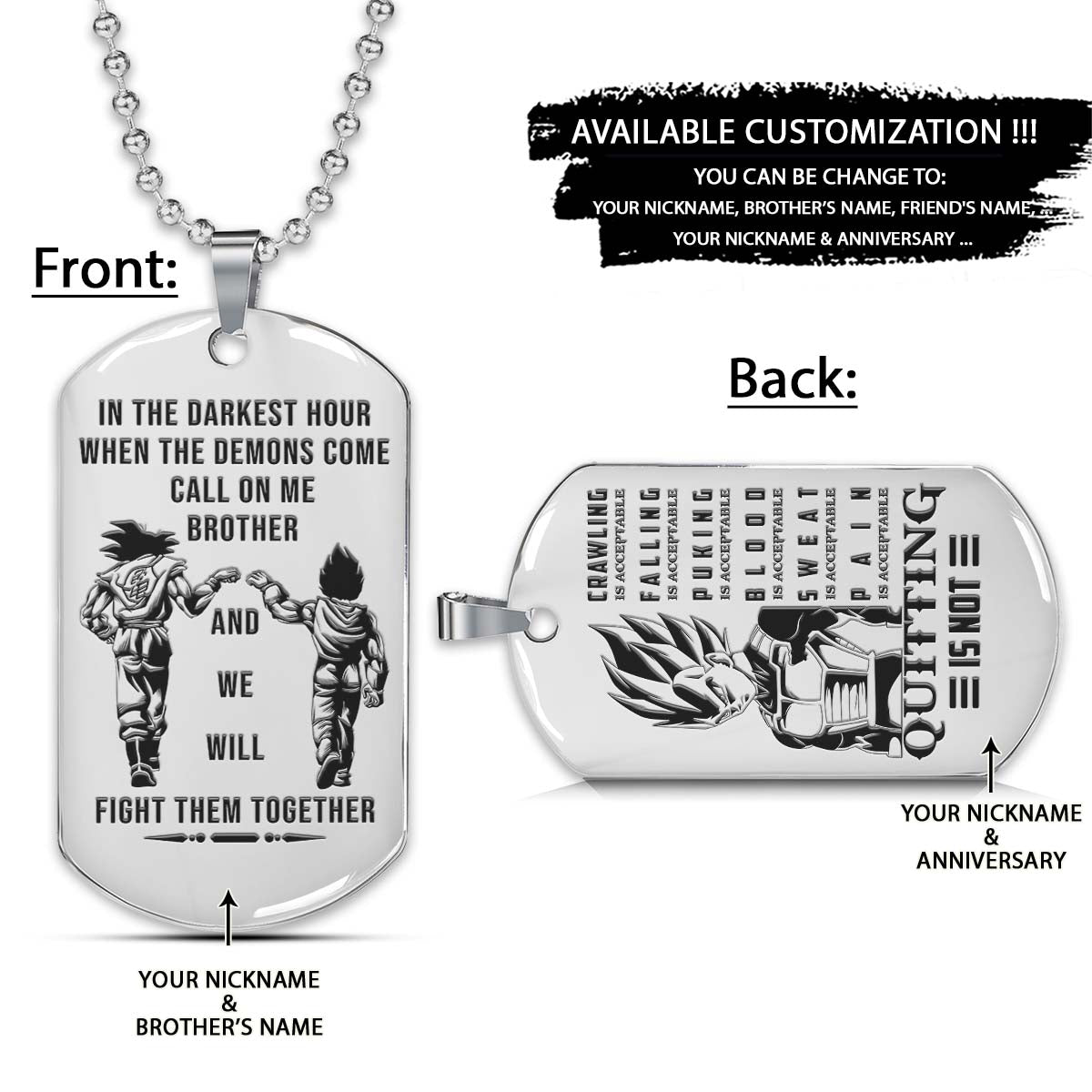 Dragon Ball Dog Tag - Call On Me Brother - Quitting Is Not - Goku - Vegeta - Dragon Ball Necklace - Engrave Dog Tag