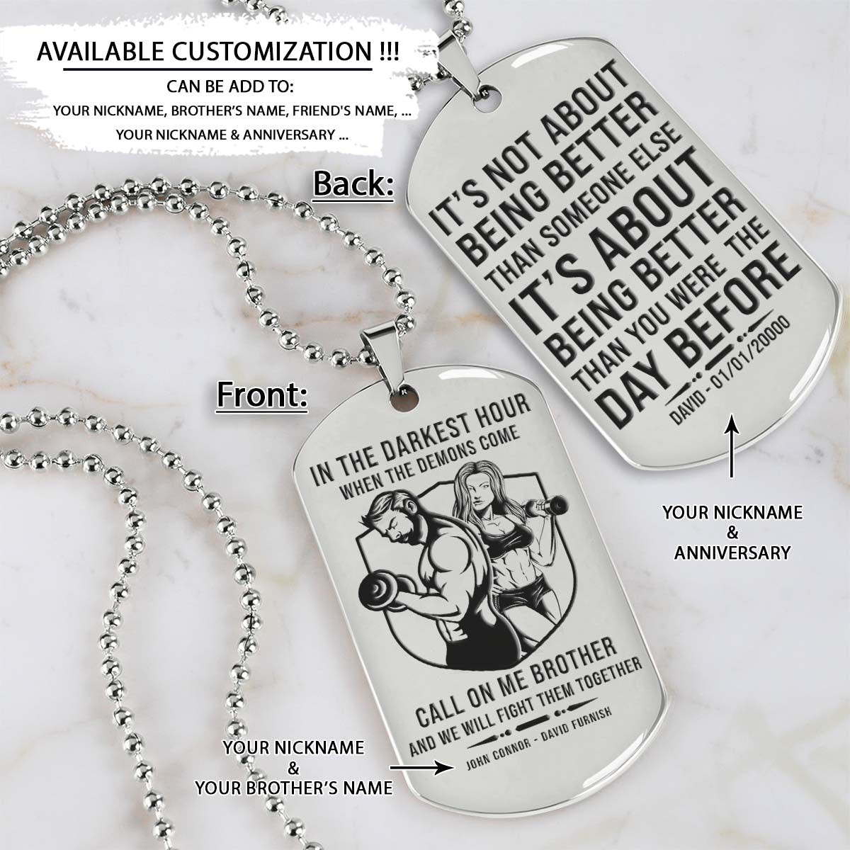 Call On Me Brother - It's About Being Better Than You Were The Day Before - Gym - Fitness Center - Workout - Gym Dog Tag - Gym Necklace - Engrave Dog Tag