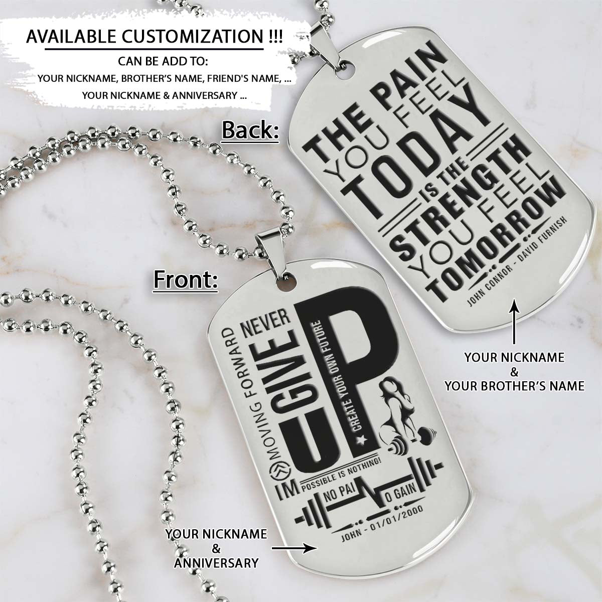 Fitness Woman - Never Give Up - The Pain You Feel Today Is The Strength You Feel Tomorrow - Gym - Fitness Center - Workout - Gym Dog Tag - Gym Necklace - Engrave Dog Tag