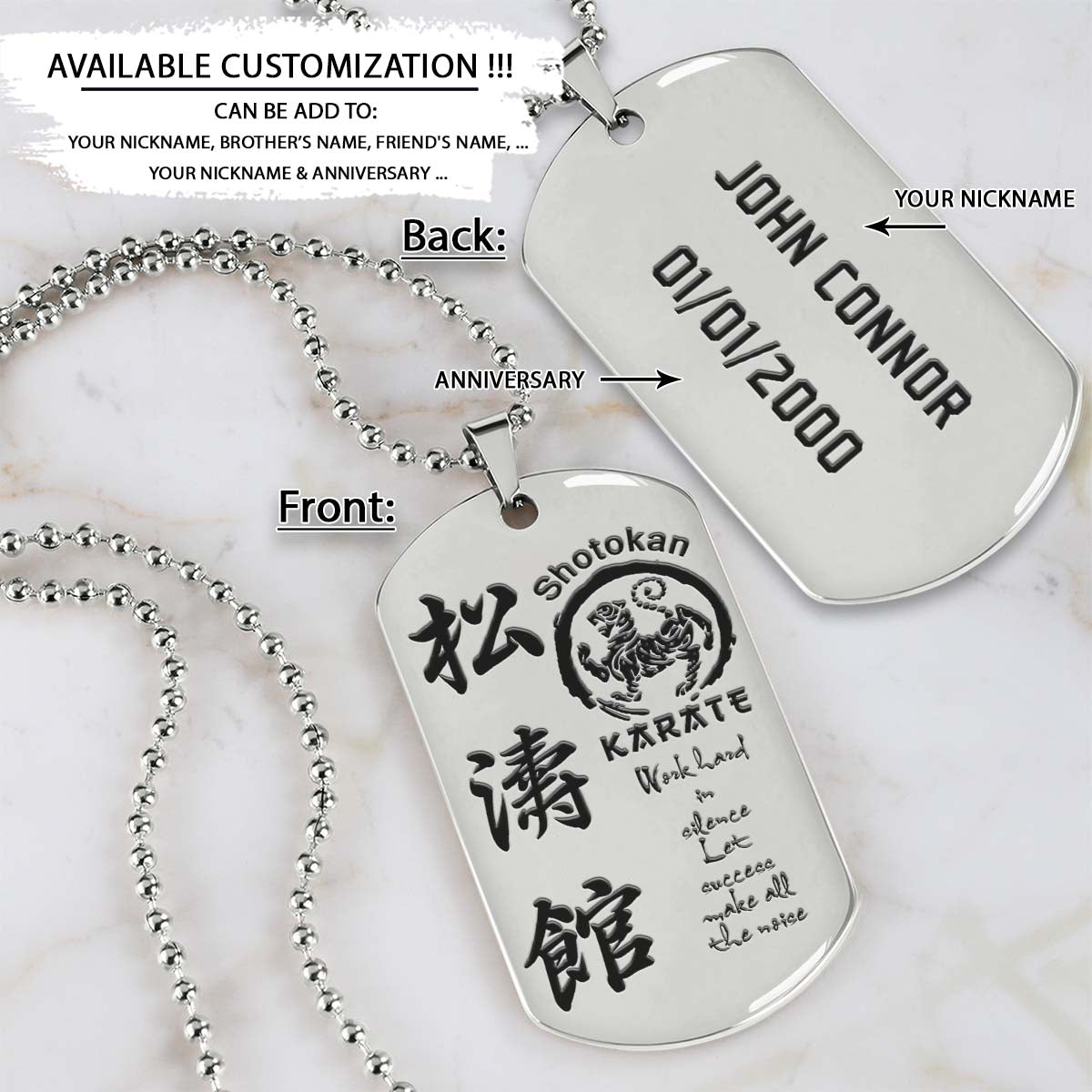 Karate Dog Tag - Work Hard In Silence Let Success Make All The Noise - Shotokan Karate - Karate Necklace - Engrave Dog Tag