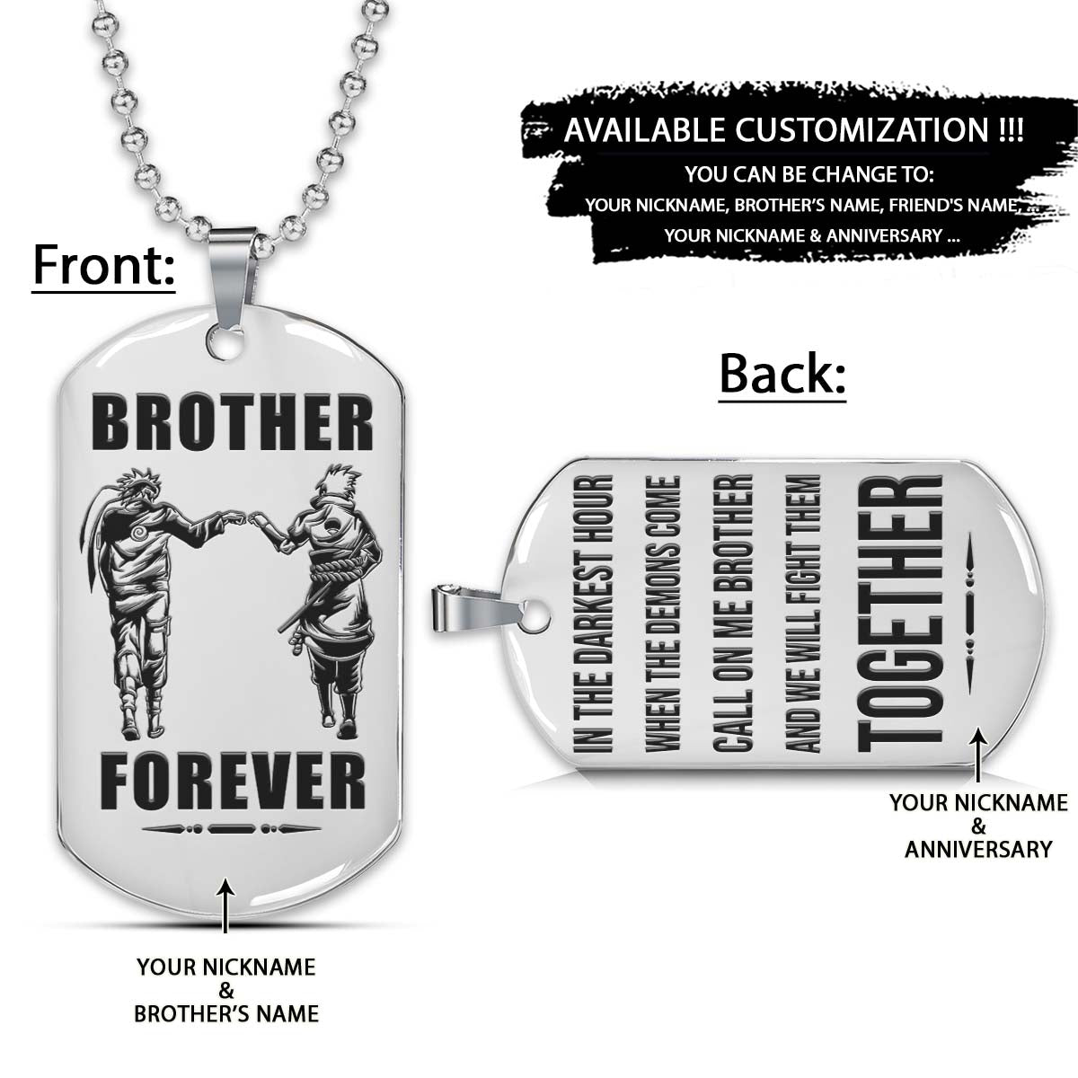 Naruto Dog Tag - Brother Forever - Call On Me Brother - Uzumaki Naruto - Uchiha Sasuke - Naruto Necklace - Engrave Dog Tag