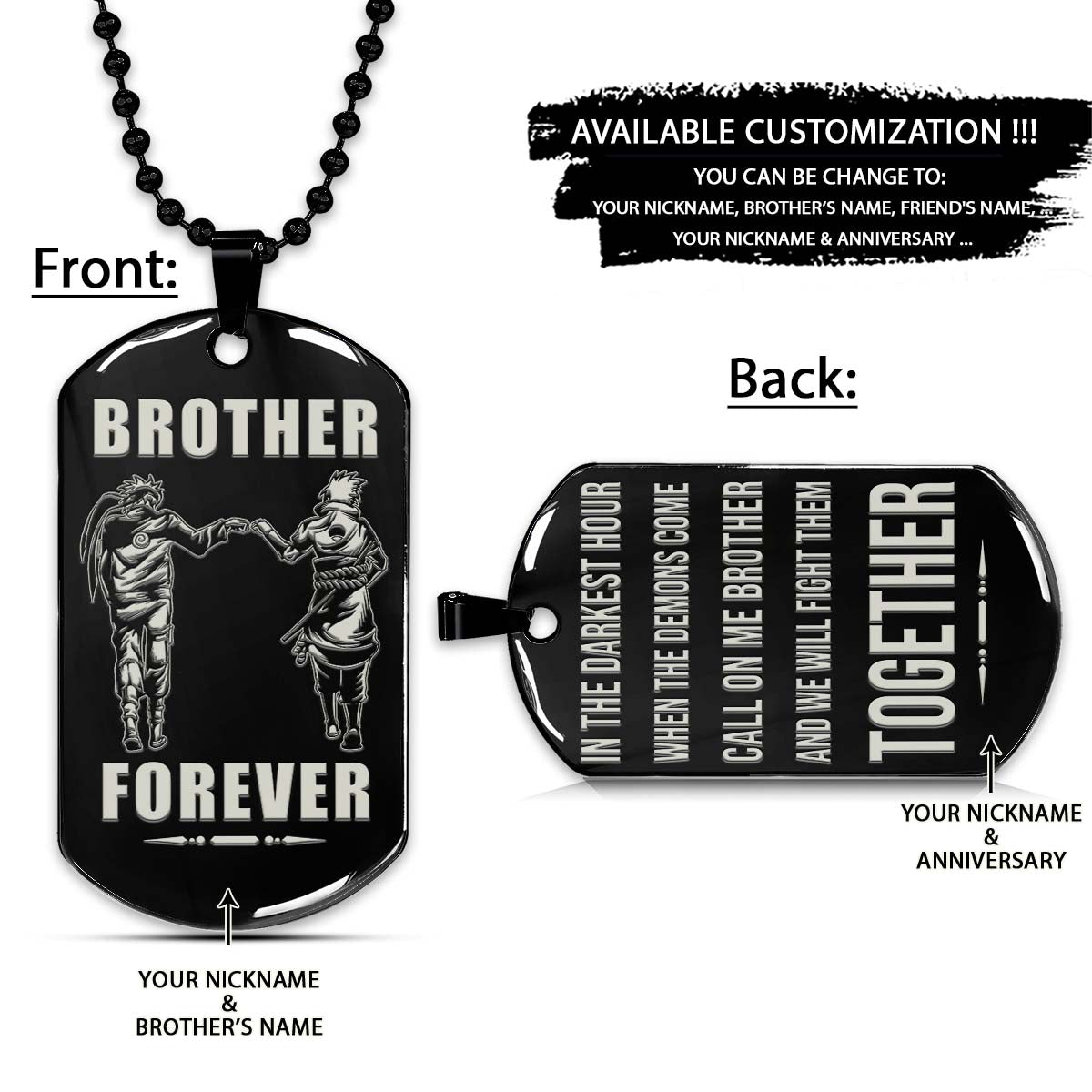 Naruto Dog Tag - Brother Forever - Call On Me Brother - Uzumaki Naruto - Uchiha Sasuke - Naruto Necklace - Engrave Dog Tag