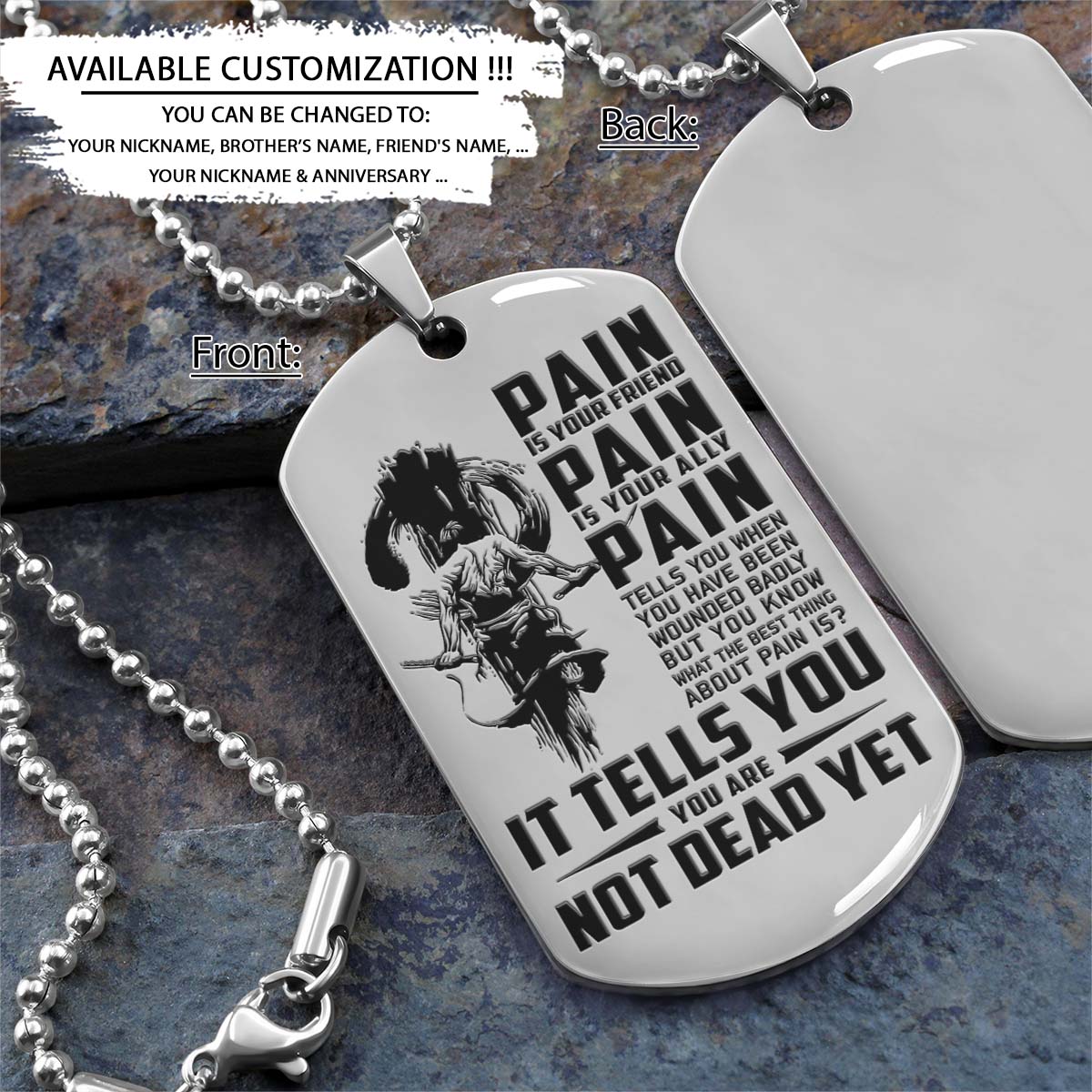 Samurai Dog Tag - PAIN - You Are Not Dead Yet - Bushido - Katana - Ronin - Miyamoto Musashi - Samurai Necklace - Engrave Dog Tag