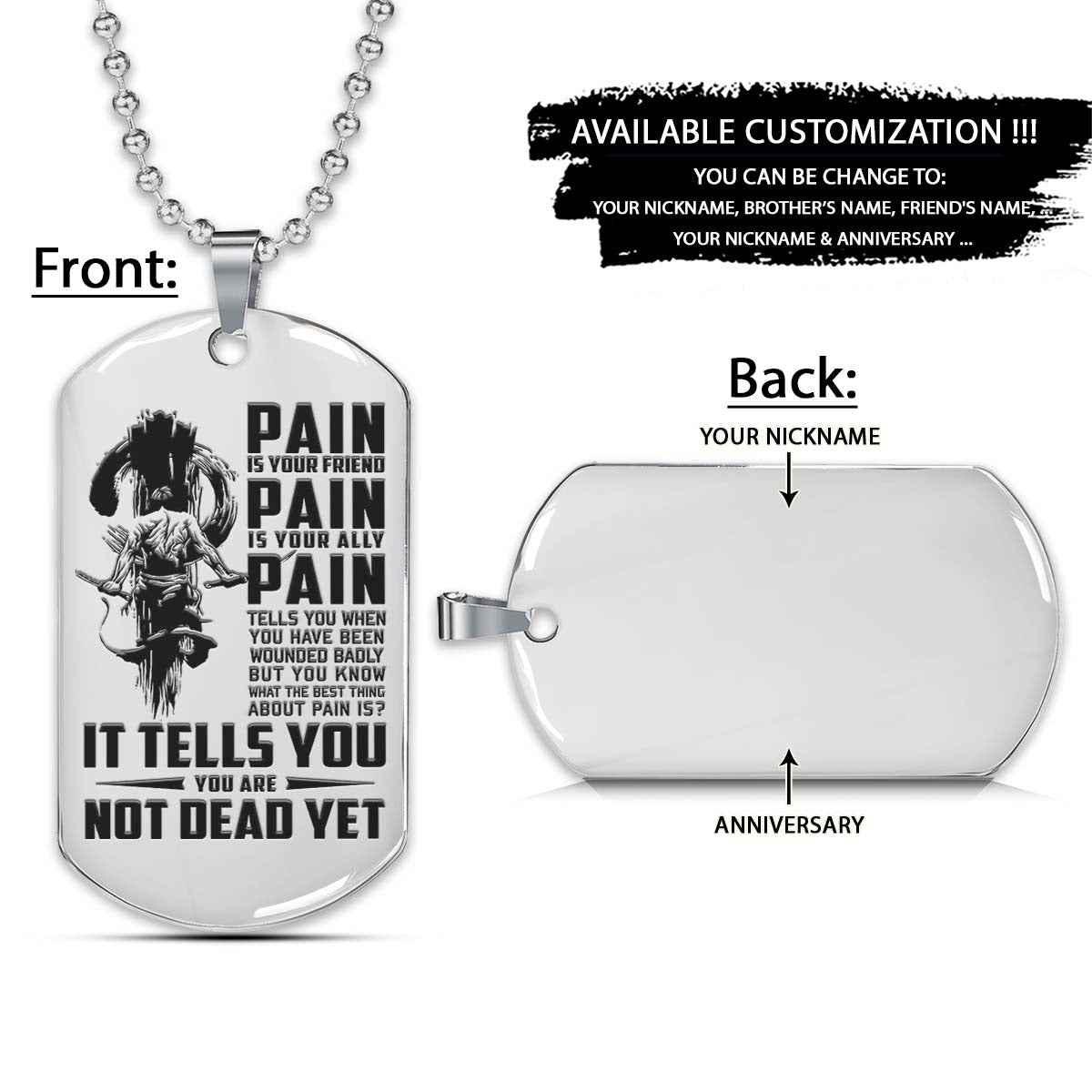 Samurai Dog Tag - PAIN - You Are Not Dead Yet - Bushido - Katana - Ronin - Miyamoto Musashi - Samurai Necklace - Engrave Dog Tag