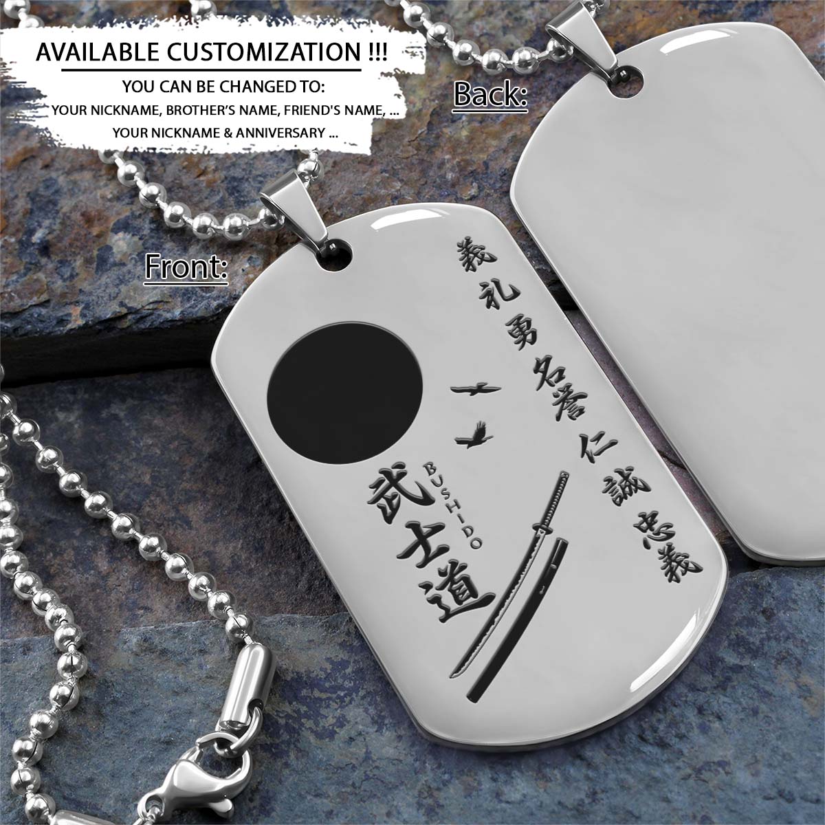 Samurai Dog Tag - The Seven Virtures Of Bushido - Bushido - Katana - Ronin - Miyamoto Musashi - Samurai Necklace - Engrave Dog Tag