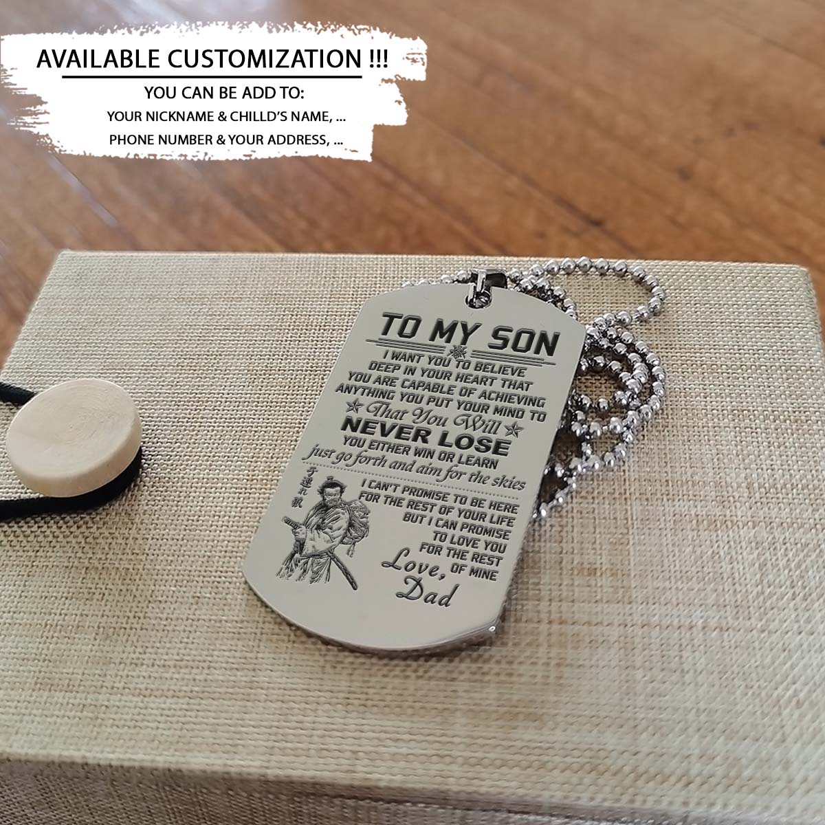 Samurai Dog Tag - Dad To Son - Never Lose - Bushido - Katana - Ronin - Miyamoto Musashi - Samurai Necklace - Engrave Dog Tag