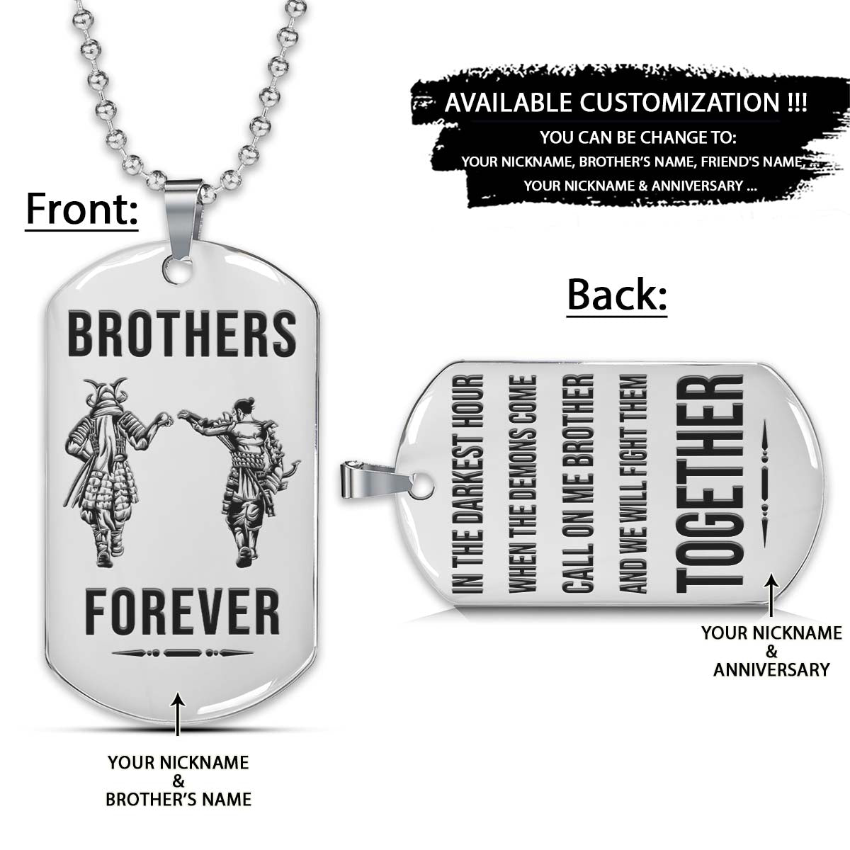 Samurai Dog Tag - Brothers Forever - Call On Me Brother - Bushido - Katana - Ronin - Miyamoto Musashi - Samurai Necklace - Engrave Dog Tag