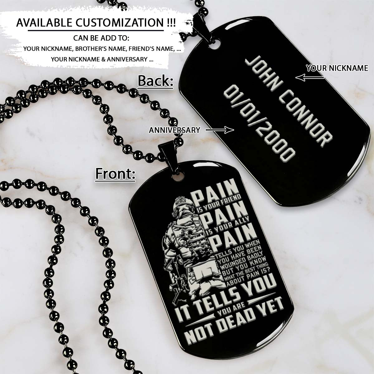 Soldier Dog Tag - PAIN - You Are Not Dead Yet - Army - Navy - Marines - Air Force - Soldier Necklace - Engrave Dog Tag