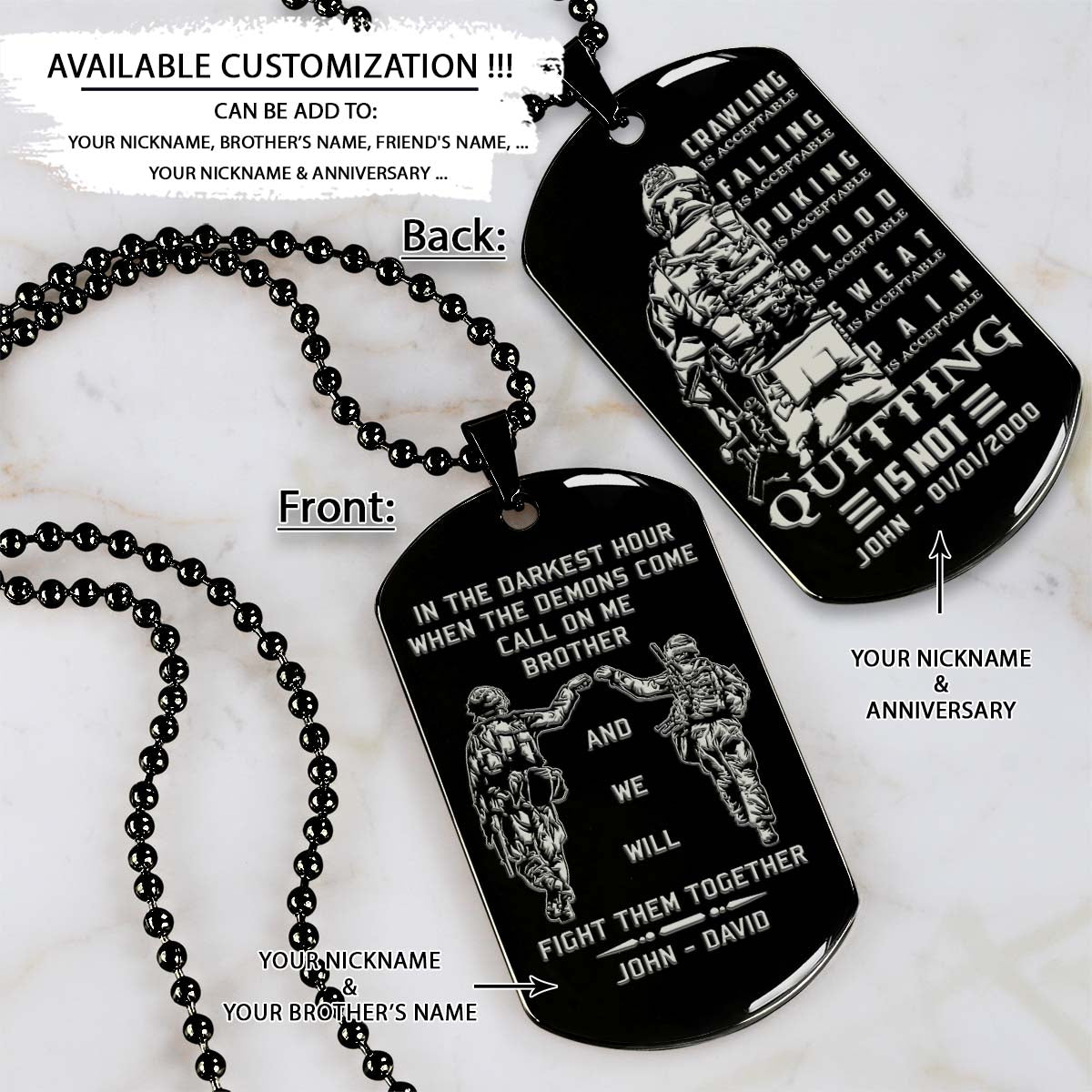 Soldier Dog Tag - Call On Me Brother - Quitting Is Not - Army - Navy - Marines - Air Force - Soldier Necklace - Engrave Dog Tag