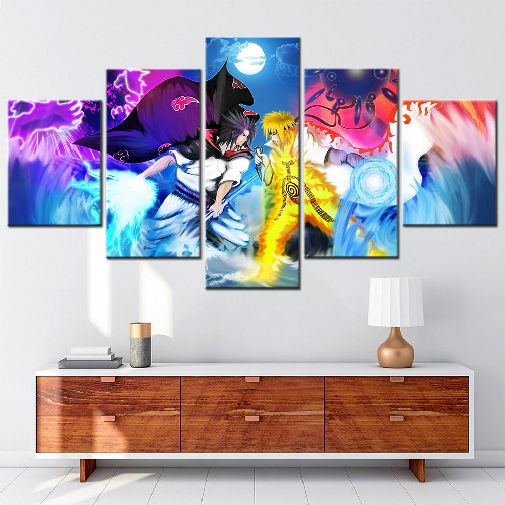 Naruto - 5 Pieces Wall Art - Uzumaki Naruto Vs Uchiha Sasuke - Master Character Training Pack - Printed Wall Pictures Home Decor - Naruto Poster - Naruto Canvas